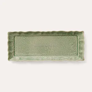 Bandeja de servir de metal esmaltado decorativo com revestimento em pó verde, acabamento floral, formato retangular, qualidade premium