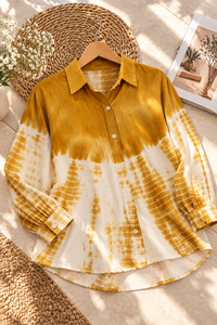 Women's Tie Dye Chiffon Shirt <b>Long</b> Sleeve Button Down Loose Fit Casual Spring Summer <b>Top</b> Yellow <b>White</b> Pattern - Product Image 5