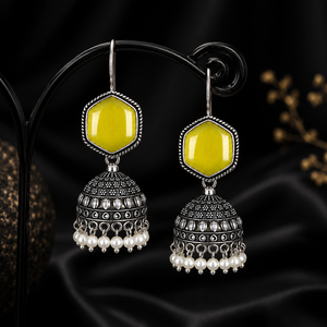 Custom Cat Eye Monalisa Gemstone Oxidized Silver Pearl Bell <b>Earrings</b> Traditional Fashion Jewelry OEM ODM - Product Image 1
