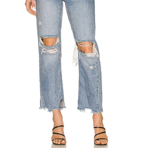 Jean en denim déchiré et délavé à taille haute, coupe droite, longueur cheville, en coton, style décontracté d'été pour femme - Product Image 3