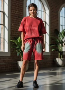 Ensemble d'été décontracté pour homme, rouge délavé, à épaules tombantes, en tissu tricoté 100% coton, séchage rapide, écologique, avec logo frontal 300 - Product Image 4