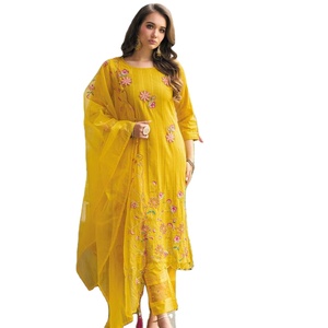 Pure Cotton Kurti Set with Thread Mirror Work Fancy Cotton Pant Bottom with Pure <b>Organza</b> Duppata Suit - Product Image 5