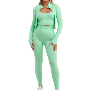 Lightweight Performance Wear 3 Piece Crop Top <b>Set</b> Quick Dry Athletic Wear For Gym Yoga Fitness Running And Exercise Use - Product Image 1