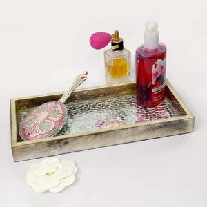 Handmade <b>Wooden</b> Tray Rectangle <b>Solid</b> Color Minimalist Design with Silver Mosaic Inlay Decorative Functional Dishes & Plates - Product Image 3
