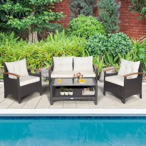 Ensemble de conversation en rotin pour patio 4 pièces avec coussins et table de rangement – Mobilier d'extérieur durable pour la détente - Product Image 3