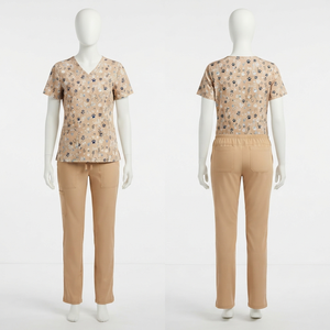 Conjunto de Uniformes Médicos Estampados Unisex, Tela Dobby de 170 GSM, Poliéster, Algodón, Spandex, Color Marrón, Cuello en V, Bordado Personalizado, Detección de Agujas - Product Image 1
