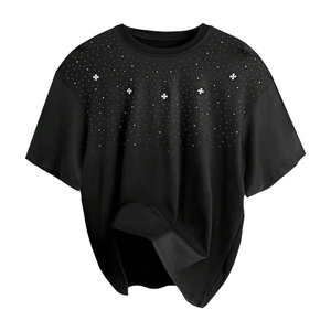 เสื้อยืดกราฟิกประดับเพชรเทียมสำหรับผู้ชาย ผ้าฝ้าย GSM สูง แฟชั่นสตรีทสุดเท่ ผลิตจากโรงงาน - Product Image 3