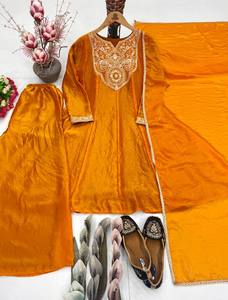 <b>Women's</b> <b>Teal</b> Silk Sharara <b>Suit</b> Gold Embroidery Traditional Indian Pakistani Wedding Wear Ankle-Length Regular Fit Wrinkle-Free - Product Image 3