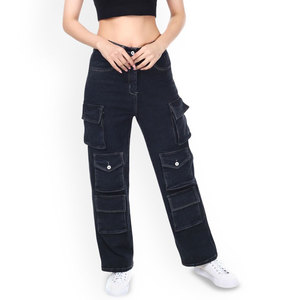 High Waist Dark Wash Cargo <b>Pants</b> Women's Casual Full Length Loose Fit Denim Jeans With Multiple Pockets Button Fly - Product Image 4