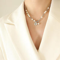 Collier ras du cou en acier inoxydable plaqué or avec perles imitation perle PVD et cœur, chaîne à maillons en acier inoxydable, idéal pour un cadeau
