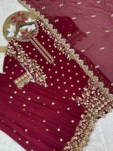 Modern Wine Indo Western Georgette Short <b>Tunic</b> with Statement Flared Bottoms Contemporary Fusion Evening Wear 3-Piece - Product Image 1