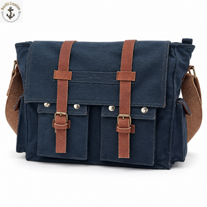 Navy Blue Canvas Crossbody <b>Bag</b> for <b>Men</b> | Vintage Messenger <b>Shoulder</b> <b>Bag</b> with Dual Front Pockets Buckle Straps Wide Carry Belt - Product Image 1