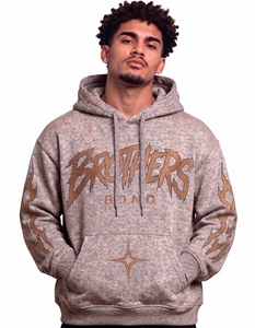Sweat à capuche épais pour homme, beige texturé, effet délavé, imprimé graphique, manches brodées flamme, streetwear, pull en molleton - Product Image 1