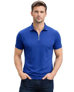 Polo en coton bleu roi pour homme avec col demi-zip, coupe ajustée, manches courtes, tenue décontractée d'été, fabricant OEM, approvisionnement en gros - Product Image 1