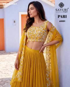 Vêtements ethniques en soie chinon, lehenga évasé uni - Ensemble prêt-à-porter indo-occidental avec blouse et koti brodés à la main, achat en ligne en Inde - Product Image 3