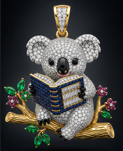 Broche pendentif Koala en forme de livre, plaqué or, ton argent, cristal rubis vert, bijou cadeau - Product Image 4