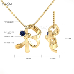 Top Quality Blue Sapphire 3mm Round Cut Gemstone Bow Tie <b>Pendant</b> 14k <b>Solid</b> <b>Gold</b> Customized <b>Pendant</b> Jewelry at Wholesale Price - Product Image 4