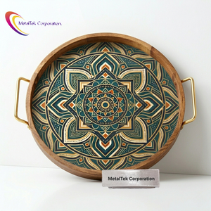Bandeja Redonda de Madera de Mango de Lujo, con Asa Dorada, Diseño Geométrico, para Servir, Decoración Mandala, Regalos Artesanales para Bodas - Product Image 1