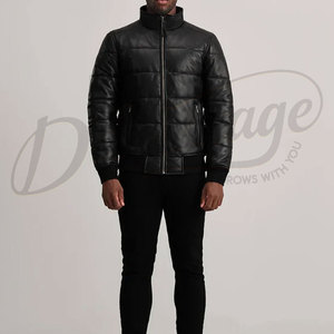 Veste matelassée en cuir noir de qualité supérieure pour homme, col montant, manteau d'hiver matelassé en similicuir, veste bomber rembourrée avec poignets côtelés - Product Image 4