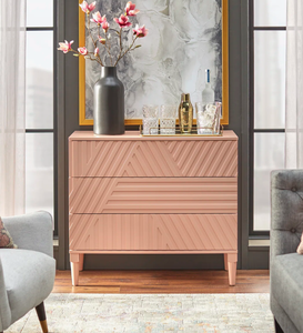 Mesita de noche moderna de color rosa claro de calidad premium con 3 cajones y frentes con textura geométrica para almacenamiento en el dormitorio. - Product Image 6