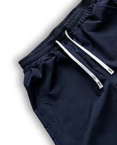 Men's Navy Blue Solid Color Quick Dry Elastic Waist Lace Front Logo Bermuda Shorts Casual Mid Waist Polyester Fabric - Product Image 4