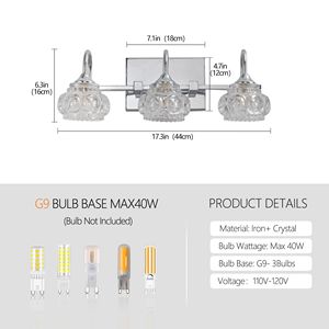 Elegant 17\" 3-Light Vintage Crystal Glass <b>Bathroom</b> Vanity Light Nickel Finish with Clear Glass Shades (No <b>Bulbs</b>) - Product Image 6
