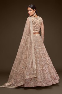 Royal Beige Embroidered Crystal Floral Modern A-Line Chiffon Soft Net Lehenga Choli Set with Dupatta <b>Bride</b> Wedding Outfit - Product Image 5
