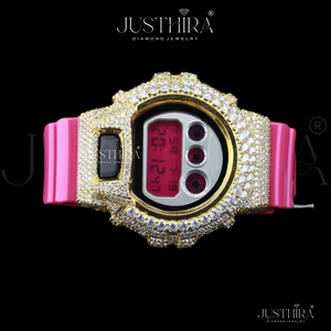นาฬิกาดิจิตอลฮิปฮอปสีสันสดใส พร้อมกรอบสีทองประดับเพชร สายสีชมพู และเพชรระยิบระยับ สำหรับเครื่องประดับแฟชั่นสุดอินเทรนด์ - Product Image 2