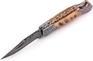 Couteau pliant de poche en acier Damas de nouvelle conception, manche en véritable corne de bélier, outils de survie en plein air, couteau pliant de camping - Product Image 2
