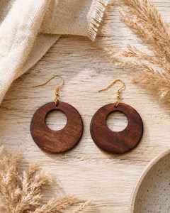 <b>Wooden</b> <b>Circle</b> Drop Earrings With Gold Hook Closure Bohemian Style For Women Jewelry Findings - Product Image 6