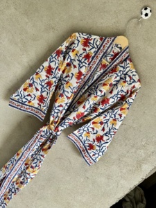 Premium Hand Block Print Cotton Kimono Robe V-neck Belt Closure Long Wide Sleeve Boho Beach Cover Spring <b>Knee</b>-Length Summer - Product Image 6