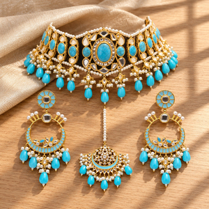 Venta al por mayor de conjunto de gargantilla nupcial, pendientes de aro y tikka con cuentas de turquesa chapadas en oro, a granel - Product Image 1