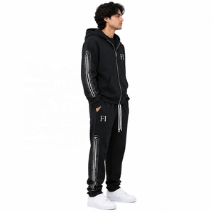 Conjunto de Sudadera con Capucha y Cremallera de Felpa de Algodón Grueso con Paneles Estampados en las Mangas y Joggers de Corte Holgado Estilo Urbano OEM - Product Image 2