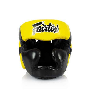 อุปกรณ์ป้องกันศีรษะสำหรับฝึกซ้อมคิกบ็อกซิ่ง Fair tex รุ่นล่าสุด สีเหลืองหลากสี หนังวัวแท้ แบบเปิดหน้า สำหรับมวยไทย - Product Image 5