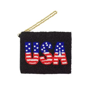 Mini porte-monnaie en coton brodé de perles, motif drapeau américain et cœurs, fermeture éclair, fait main, unisexe, avec dragonne en polyester, 5x3,5 pouces - Product Image 6
