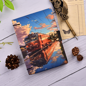<b>A5</b> Retro Railway Scene Handmade Paper Journal with Lock Closure |100 Pages Writing Diary Classic Train Artwork Notebook for Gift - Product Image 1