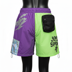 Shorts cortavientos de poliéster taslan premium de 135 GSM, morados con paneles verdes, bolsillos cargo de malla, sublimación, logotipo personalizado, shorts para mujer - Product Image 2