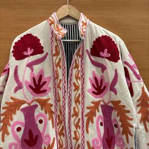 <b>Women</b> Beige Embroidered Floral Velvet Suzani <b>Jacket</b> With Stand Collar Bohemian Full Sleeve <b>Women's</b> <b>Spring</b> Outerwear - Product Image 2