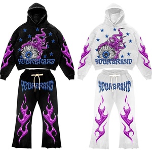 Custom Men's Oversized Tracksuit Black <b>White</b> Purple Flame Print Eyeball Graphic Star Flared Sweatpants Hoodie <b>Set</b> Wholesale Bulk - Product Image 5