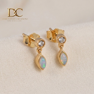 14KT Solid Yellow Gold Ethiopian <b>Opal</b> Drop <b>Earrings</b> with Lab Grown Diamond Bezel Studs Handmade IGI Fine Jewelry for Women - Product Image 3