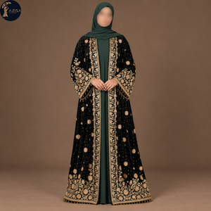 Broderie florale dorée ornée sur tissu de velours noir avec bordure |   Motifs floraux délicats et ourlet détaillé pour la confection d'une robe Abaya - Product Image 1