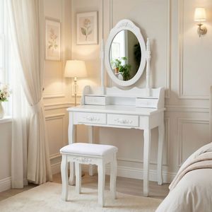 Tocador de Maquillaje de Madera Blanco Princesa con 4 Cajones, Taburete Acolchado y Espejo para Dormitorio de Niñas - Product Image 1