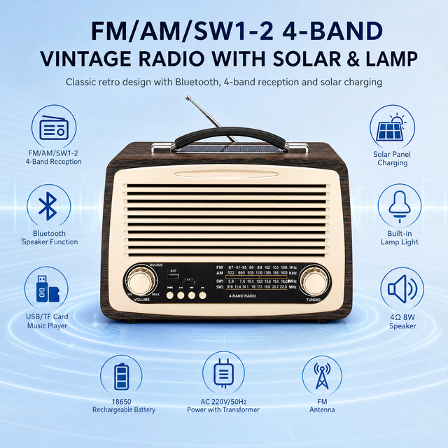 RAISENG R-3299BT Factory OEM Vintage Speaker AM FM SW 3 Band Radio USB TF MP3 Player Rechargeable Portable Radio AC DC Powered