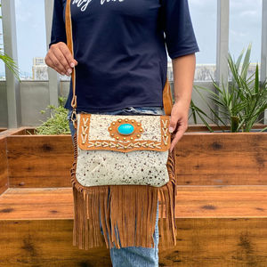 Real Genuine Cow Hide Leather Bag for Women New Western Style Fringe <b>Stone</b> Handwork Suede Leather Hair on Sling Leather Bag's - Product Image 4
