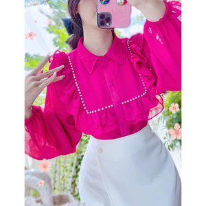 Blusa de Manga Larga para Mujer al por Mayor con Adorno de Perlas, Pliegues, Volantes, Cuello de Solapa y Botones Delanteros, Camisa Elegante para Oficina, Directo de Fábrica - Product Image 2