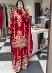 DESIGNER CHINON EMBROIDERY CODING SEQUENCE WORK TOP PALAZZO WITH DUPATTA <b>RED</b> 75254 - Product Image 6