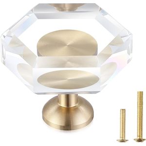 Juego de 6 Perillas Modernas para Cajones, Base de Latón de 1-5/16 Pulgadas, Perillas de Cristal Doradas para Gabinetes, Perillas Hexagonales para Muebles de Cocina - Product Image 1