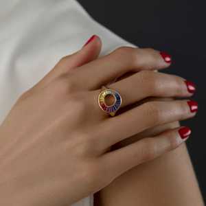 14K Solid Gold Natural Multi Color Rainbow Sapphire Baguette Sphere <b>Ring</b> 2.5mm Band Width 1 Carat Rainbow Sapphire Sphere <b>Rings</b> - Product Image 4