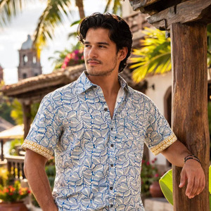 Premium Handcrafted Men’s Block Print Cotton <b>Half</b> Sleeve <b>Shirt</b> Geometric Border Embroidery Stylish Classic Fit <b>Button</b>-Down <b>Shirt</b> - Product Image 1