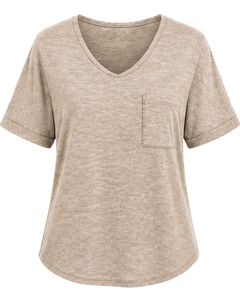 T-shirt décontracté pour femme, col en V, beige personnalisé, manches courtes, mélange de coton, doux, léger, avec poche, confortable pour tous les jours, été - Product Image 1